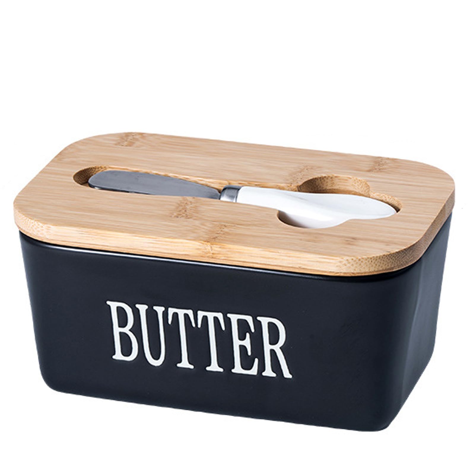 Dxcaicc Butter Dish with Wood Lid for Countertop, Ceramic Butter Dish, Large Butter Container 350Ml, Butter Dish with Knife,Black