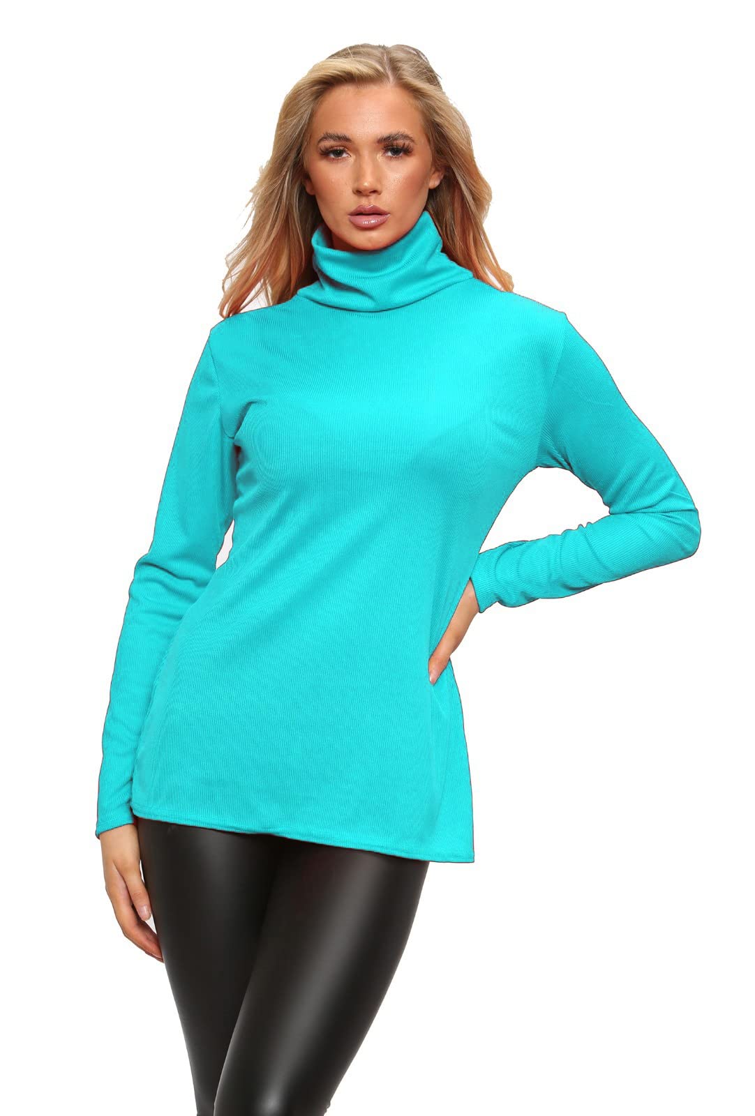 Womens Polo Turtle High Roll Neck Plain Ribbed Long Sleeve Ladies Stretch T-Shirt Top (12-14, Turq)
