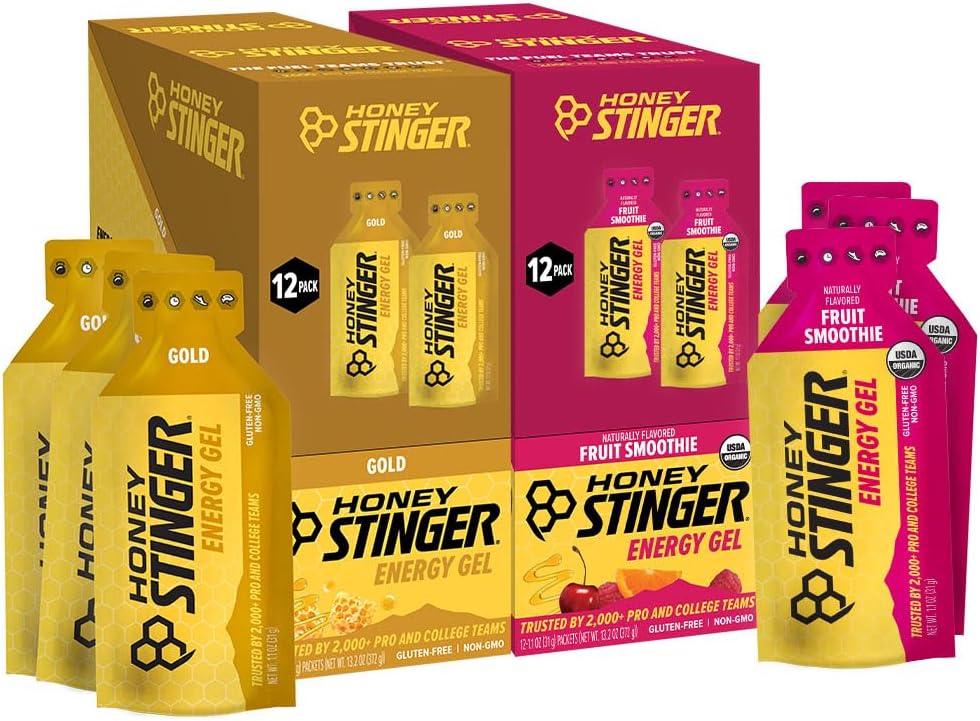 Honey Stinger Energy Gel Variety Pack of 24 (12 Gold & Organic Fruit Smoothie), Gluten Free & Caffeine Free, for Exercise, Running & Performance, Sports Nutrition for Home & Gym, Workout Fuel