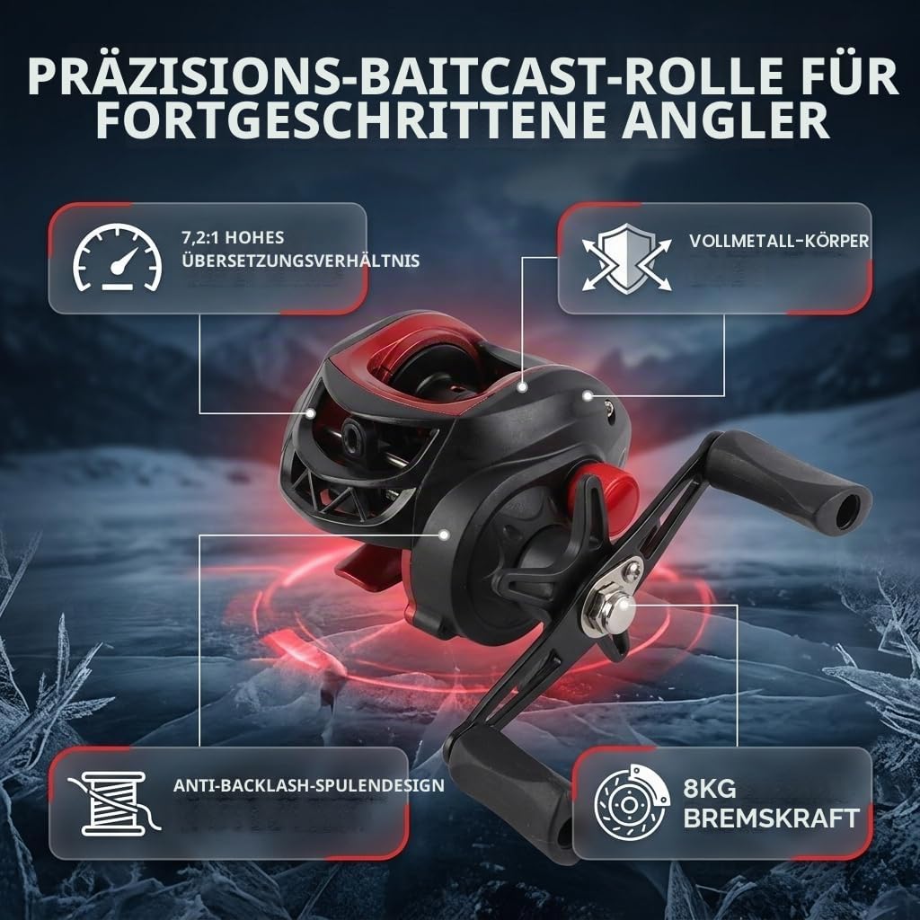 Baitcasting-Rolle, Kraftvolle, Leichte, Glatte Baitcaster-Angelrolle aus Metall, für Salzwasser und Süßwasser
