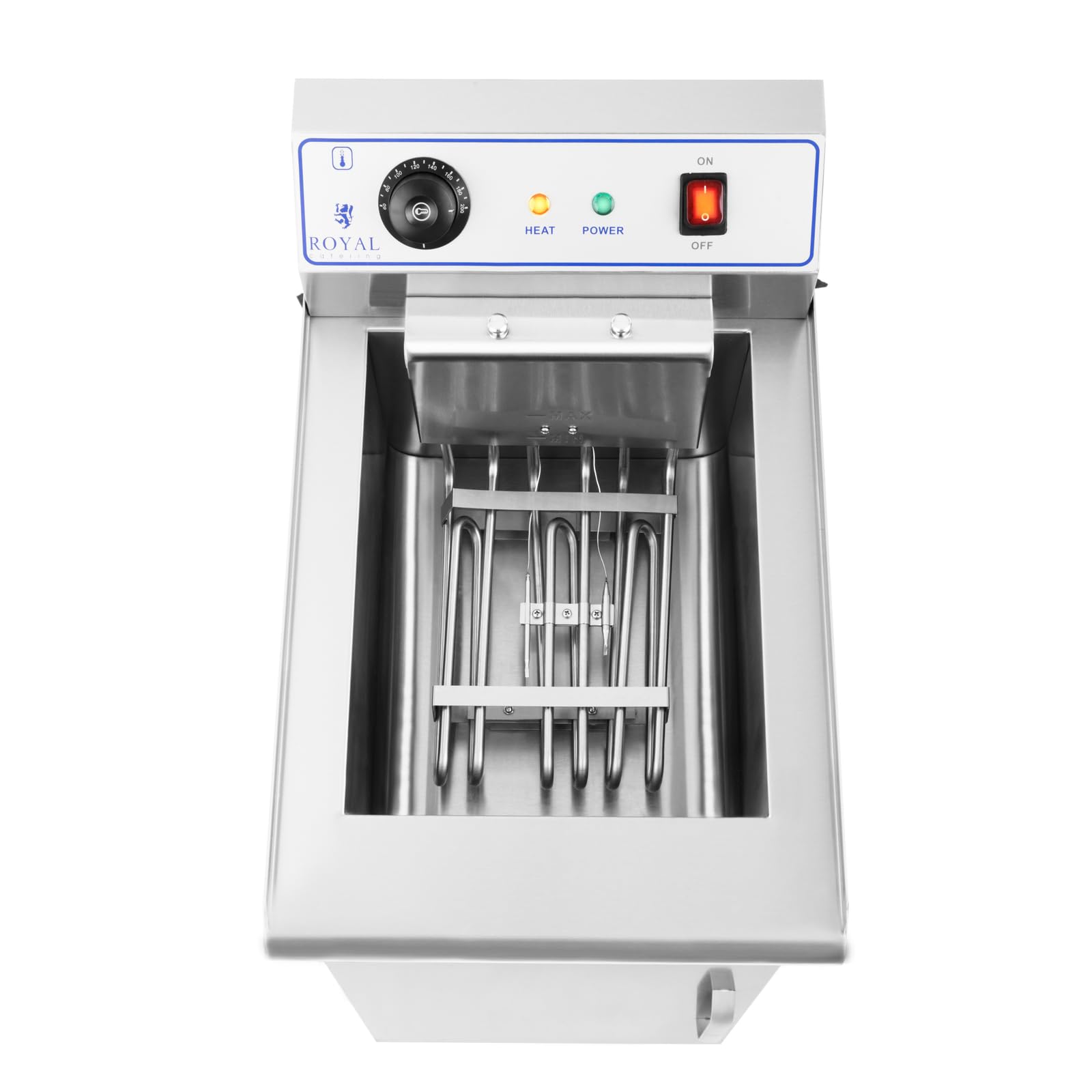 Royal Catering Friteuse avec meuble (16 L, 6000 W, 400 V, 60 – 200 °C, 34 x 53 x 94 cm, acier inoxydable, panier et couvercle)