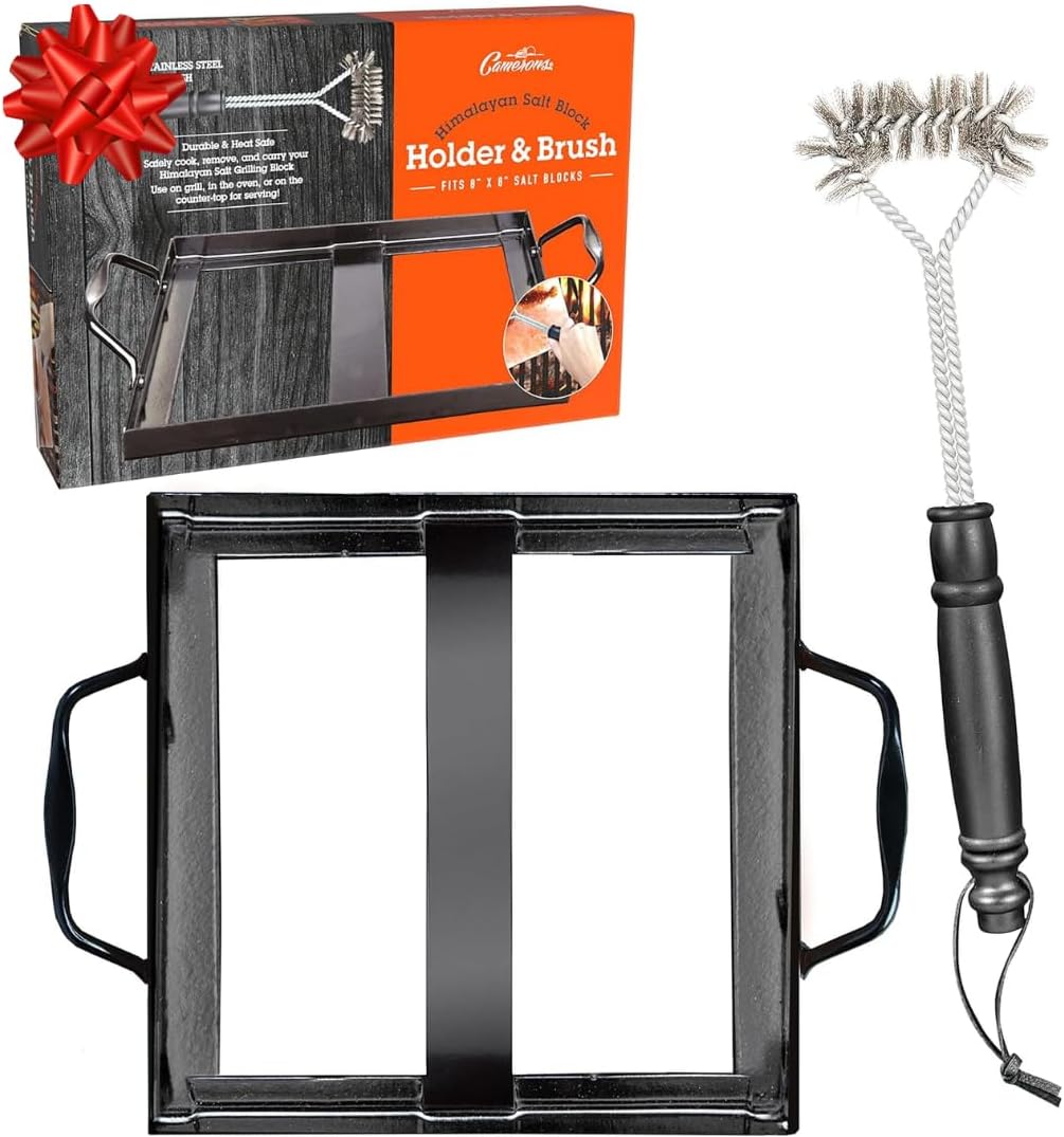 Himalayan Salt Block Holder & Stainless Steel Wire Cleaning Brush- Heat Resistant & Durable w/Easy-Grip Handles for Safety - Fits Any 8"x8" Salt Slab for Cooking & Grilling - Indoor and Outdoor Use