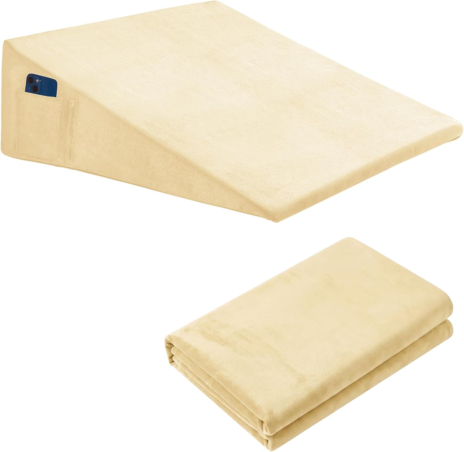 KKJIAF Ivory Velvet Bed Wedge Pillow Cover, 25" L x 25" W x 12.5" H