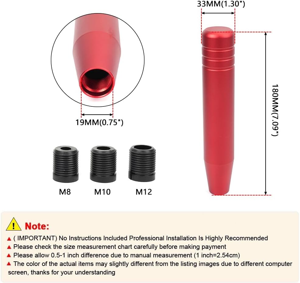 Universal Shift Knob with M8/M10/M12 x 1.25 Adapters, Heavy Duty Gear Shifter Handle for Most Vehicles, Easy Installation, Aluminum Alloy Non-Slip Grip, 7.09 Inch, Red