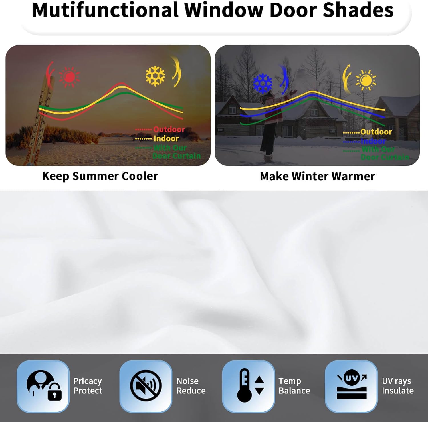 OutdoorLines Blackout French Door Curtains, Privacy Thermal Insulated Tie up Glass Shades, Easy to Install Tricia Window Shade, Front Door Curtain, W26 x L40 inch, White, 2 Panels