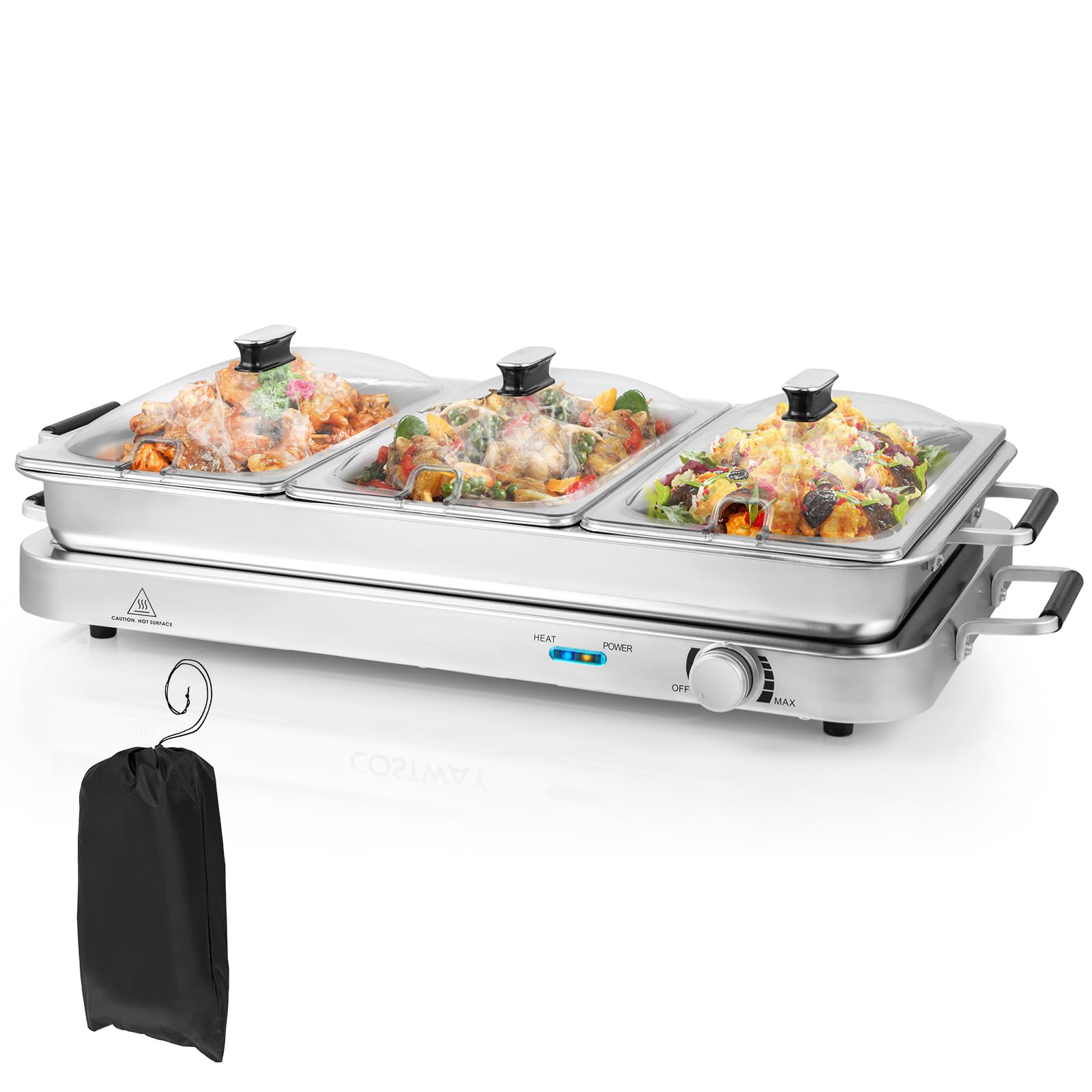 GYMAX Vassoio per Buffet Elettrico, Scaldavivande 2-in-1 con 3 Coperchi e 8 Vassoi in Acciaio Inox da 8 L, Borsa da Trasporto, Piastra Riscaldante Portatile con Controllo di Temperatura per Feste