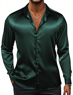 Satin Mens Dress Shirts Long Sleeve Formal Shirts for Men Button Down Regular Fit Party Wedding