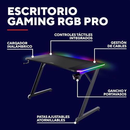 Miniatura 3 de Trust Gaming Gxt 710 Luminus Pro Mesa Gaming 120x60 Con Led Rgb, Cargador Inalámbrico De 10 W Integrado, 10 Modos De Color, Escritorio Gamer Con Posavasos Y Gancho Auriculares Para Ordenador, Negro