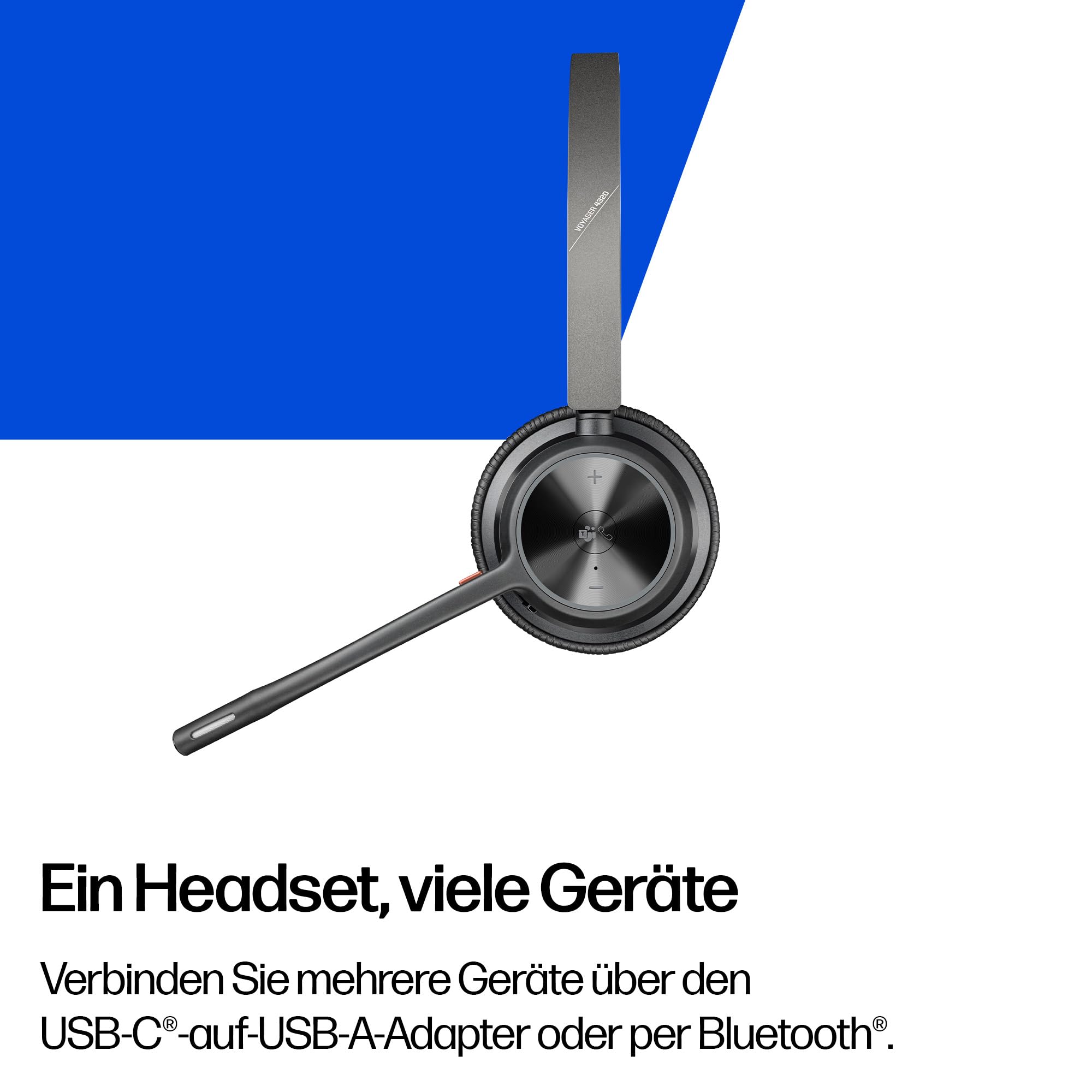 Schnurloses Poly Voyager 4320 UC-Headset und Ladestation – Stereo-Kopfhörer mit Noise Cancelling-Mikrofonarm, Verbindung mit PC/Mac/Mobiltelefon über Bluetooth, Kompatibel: Teams (zertifiziert), Zoom