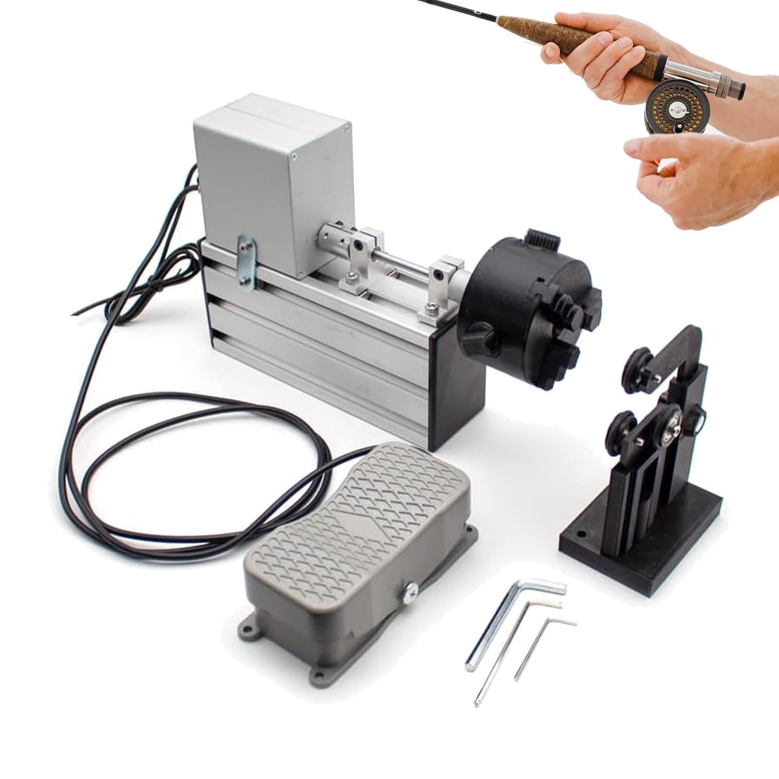 DOJOEUU Fishing Rod Winding Gluing Machine, Fishing Rod Repair Wrapper Tool Kit with Foot Switch, 0-300 RPM Adjustable Speed, Bidirectional Rotation, Resin Rotating Gluing Machine for Rods Building