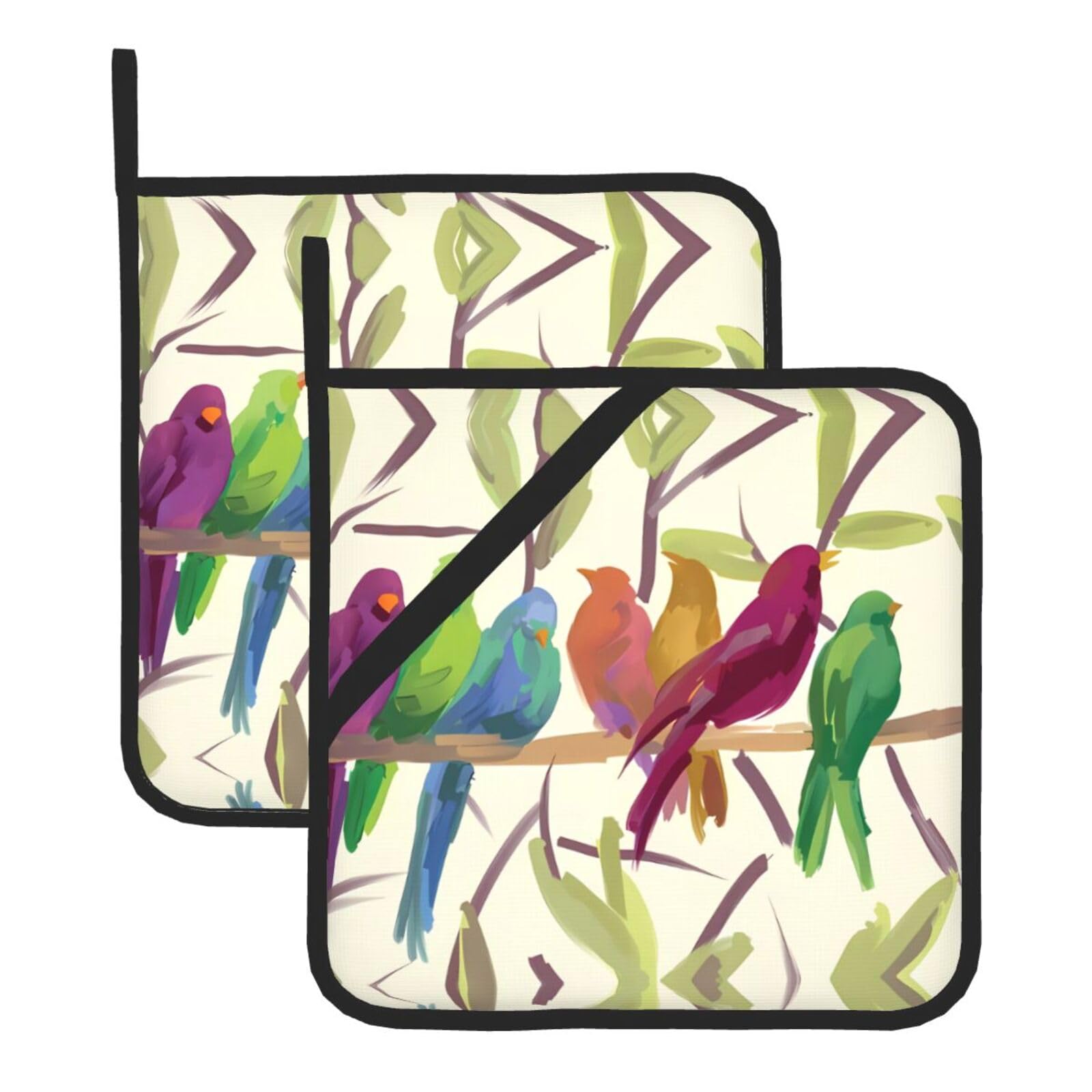 WHJSHOP Watercolor Bird Prints Square Hot Pads for Kitchen Counter - Thick Heat Resistant Trivets for Microwave & Oven, BBQ Grilling Cover (2 Pack)