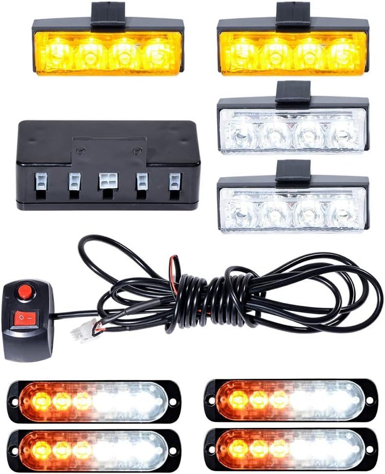 AstraDepot 4X Amber White Ultra Slim 6-LED Strobe Light Bar + 4pcs (2X White + 2X Amber) 4-LED Flashing Lamps Kits 12V-24V Car Truck