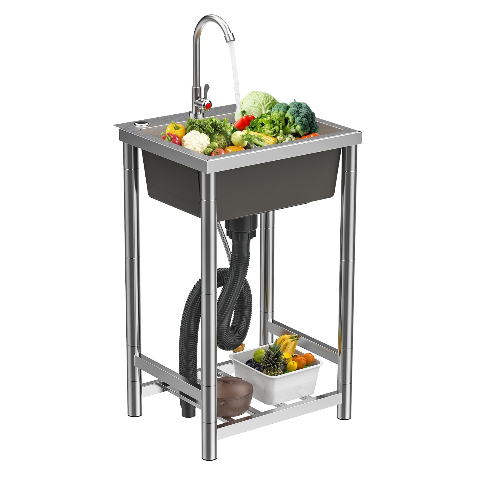 Évier Utilitaire en Acier Inoxydable, évier sur Pied à Une cuve avec Robinet pivotant à 360° et bonde, idéal pour l'extérieur (Garage, terrasse, Jardin), cuve de 45 x 40 cm (17,7 x