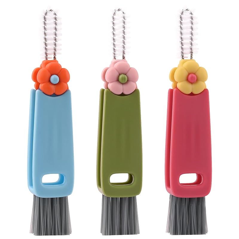 Kit com 3 Escovas 3 em 1 para Limpeza de Tampas, Frestas e Bicos de Copos BokingOne Vermelho, Azul e Verde