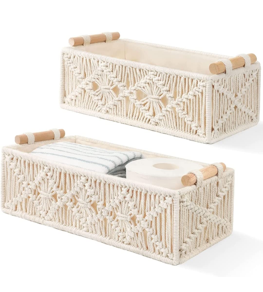ACN Kohinoor | Macrame Basket Tray Set of 2, Cotton Lined Boho Decor Hamper Cabin Organizer Countertop with Wooden Handle for Gifts Events Party Bedroom Bathroom Home Decoration Off-White (B0D5TRHY83) Amazon Price History, Amazon Price Tracker