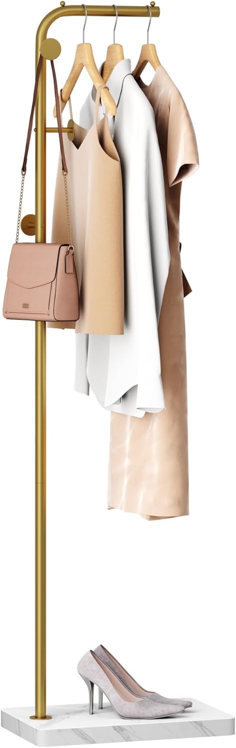 HOMEFORT Metal Coat Rack, Modern Coat Tree with 3 Hooks, L Shaped Coat Hanger Stand, Freestanding Coat Rack for Entryway and Corner, Gold