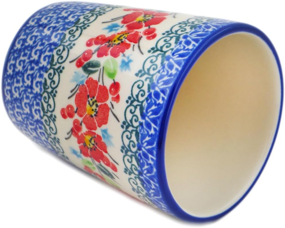 Polmedia Polish Pottery Tumbler UNIKAT - Cherry Colored Florals Pattern Handmade in Boleslawiec Poland by Ceramika Artystyczna + Certificate of Authenticity