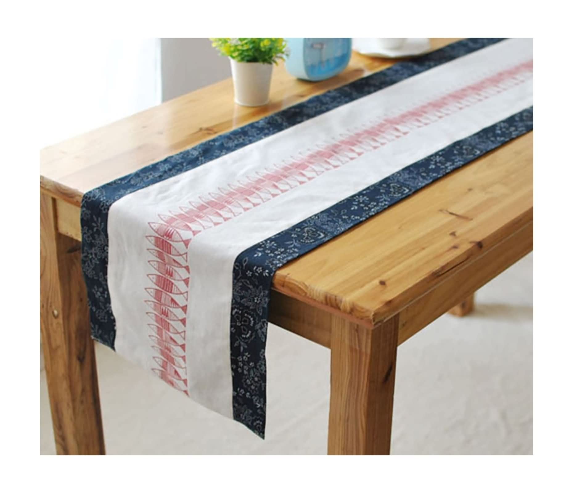 Mantel Camino de Mesa, Decoracion Centro Mesa Comedor Patrón de Flores y Peces Azul Oscuro Blanco Rojo Algodón y Lino 30x180CM