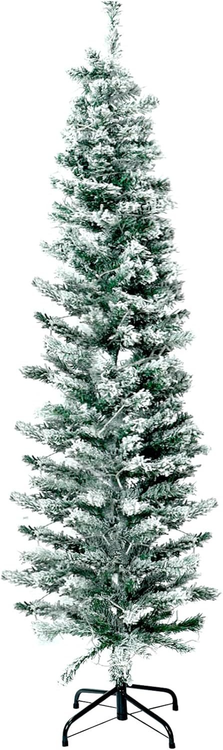 5ft Artificial Pencil Christmas Tree with Lights Slim Flocked Tall Skinny Christmas Tree Snow Flocked Pine Slim for Home Office Holiday Decoration(Snowy,5 ft)
