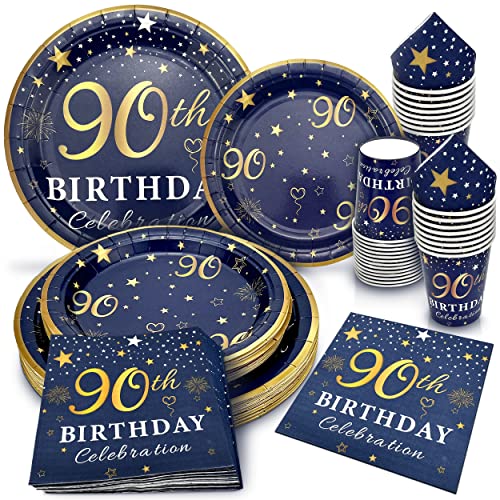 Image of 90th Birthday Decorations Plates and Napkins Blue and Gold, Service for 30, 90th Birthday Party Bundle Supplies Includes Navy Blue Plates, Napkins, Cups for Men Women