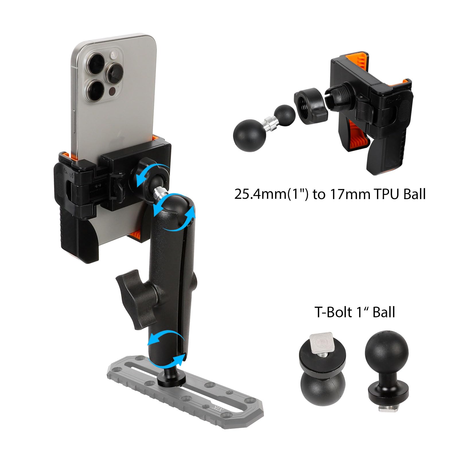 xik Uchwyt na telefon kajakowy z kulą T, uchwyt na telefon komórkowy na torze łodzi, [blokada i zwolnienie 1] [regulacja 360°], pasuje do smartfonów od 4,7 do 7,2"