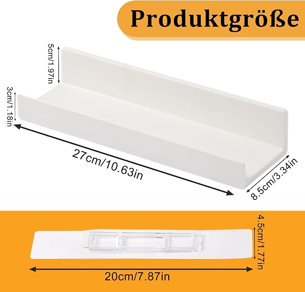 Foonary 2 scaffali da parete senza foratura, 27 cm, autoadesivi, mensole sospese, scaffali decorativi per organizzare e conservare pareti, soggiorno, cucina, bagno, bianco - 3