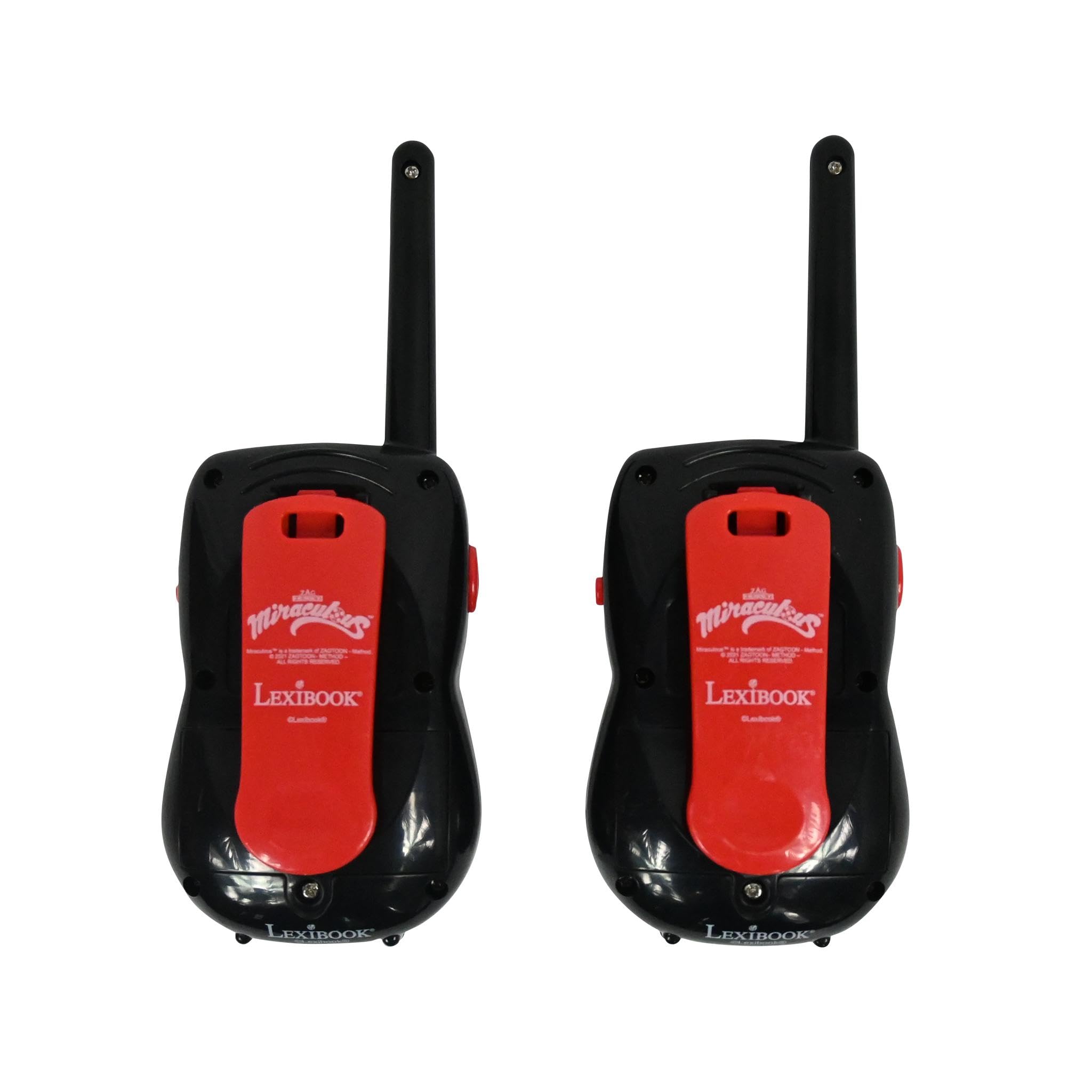 Lexibook - Miraculous Walkie Talkies 200m, Set di Comunicazione per Bambini, 2 canali di Comunicazione, Clip da Cintura, Nero/Rosso, TW12MILXB