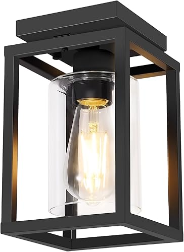 Lámpara de techo semiempotrada, marco de metal negro con pantalla de vidrio transparente y base de cerámica E26, accesorios de iluminación de granja