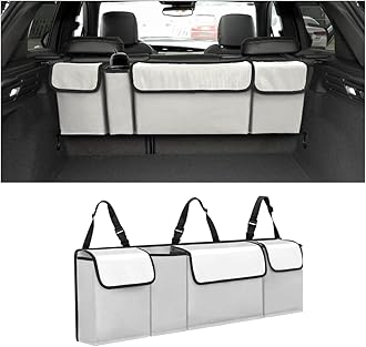 AUCELI Car Trunk Organizer, Backseat Hanging Large Storage with Adjustable Straps, Waterproof Collapsible Cargo Bag with 4 Pockets, Sturdy Space Saver Frees Trunk Floor for SUV, Truck, MPV