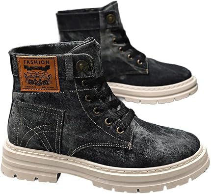 Mens High Top Denim Boots Lace up Chunky Platform Ankle Boots for Men Lug Sole Comfort Casual Retro Sneakers Shoes