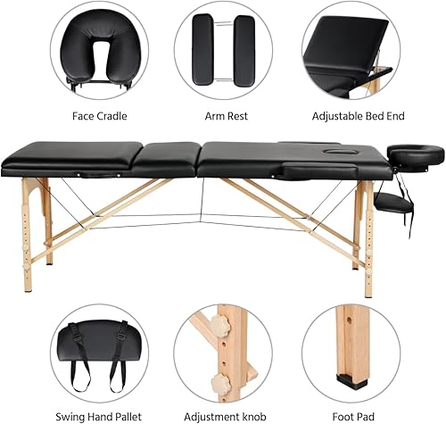 Miniatura 7 de Yaheetech Mesa de masaje plegable de madera con taburete rodante, cama de masaje portátil, taburete de cama de spa, silla giratoria ajustable, mesa