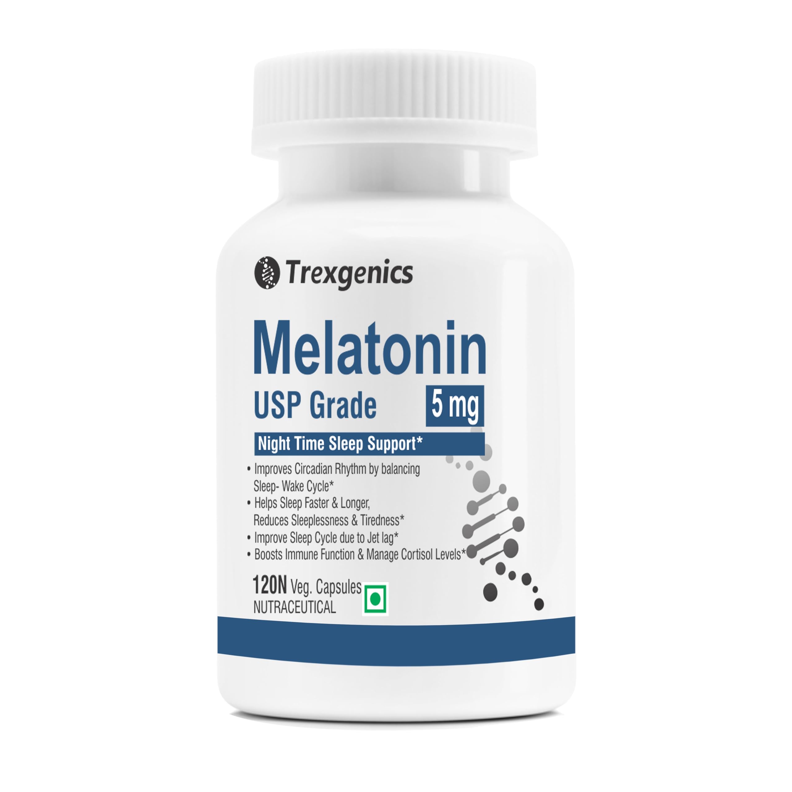 Trexgenics Melatonin 5 mg USP grade Night Time Sleep, Circadian rhythm, jet lag, cortisol balance Support (120 Veg.Capsules)-image-6