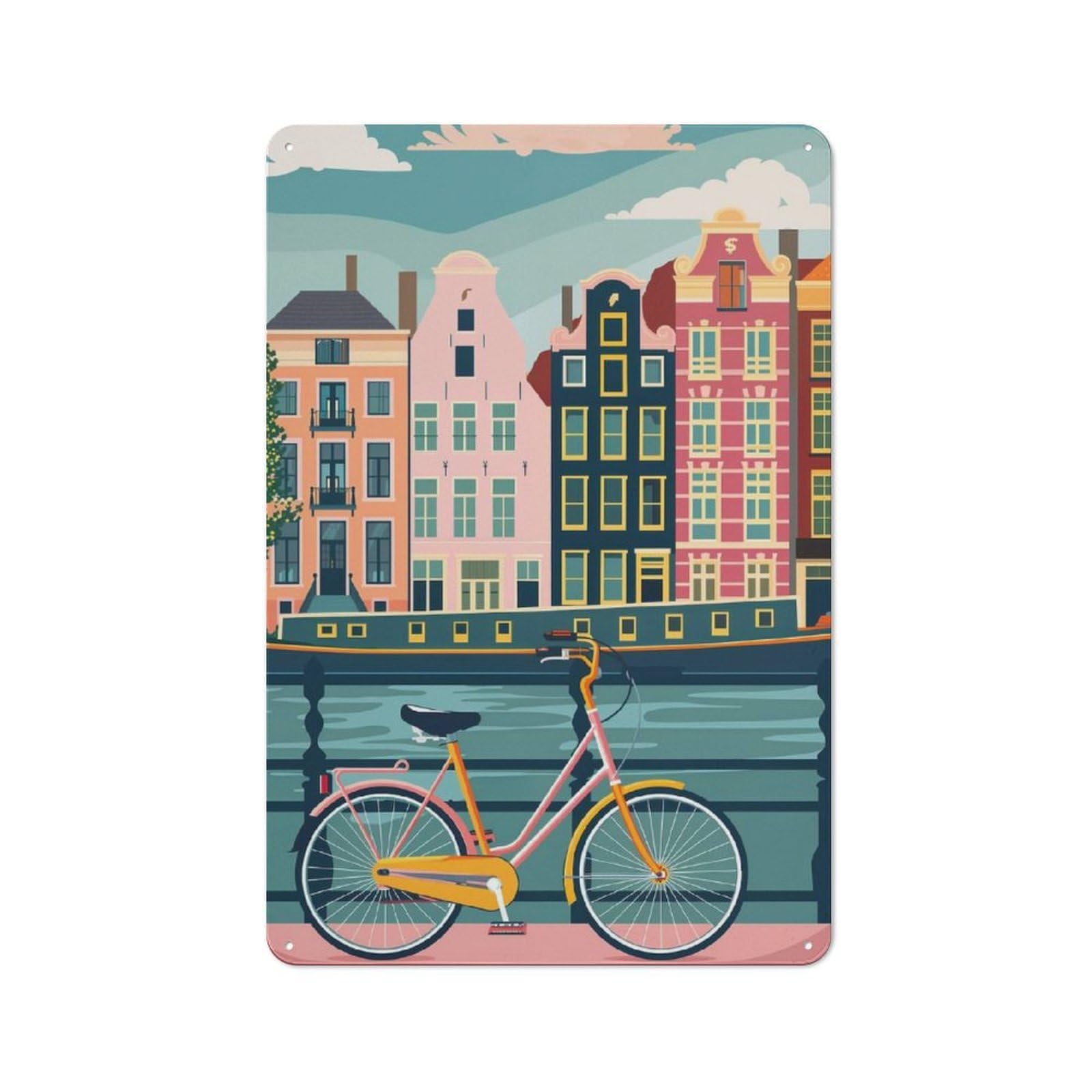 Junmoney Amsterdam Canal Bike Decorative Metal Plaque With Design 30X20cm, Warehouse Style Loft Wall Plaque For Flat, Bar, Studio Or Gallery Wall