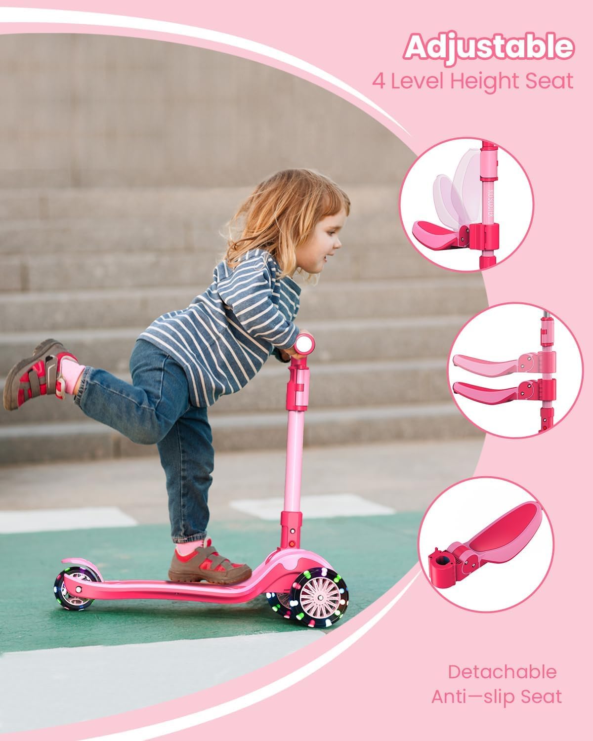 Monopattino regolabile 2 in 1, 3 – 12 anni, manubrio a 5 livelli, sedile rimovibile, ruote a LED, pieghevole, rosa (ragazze e ragazzi) nero