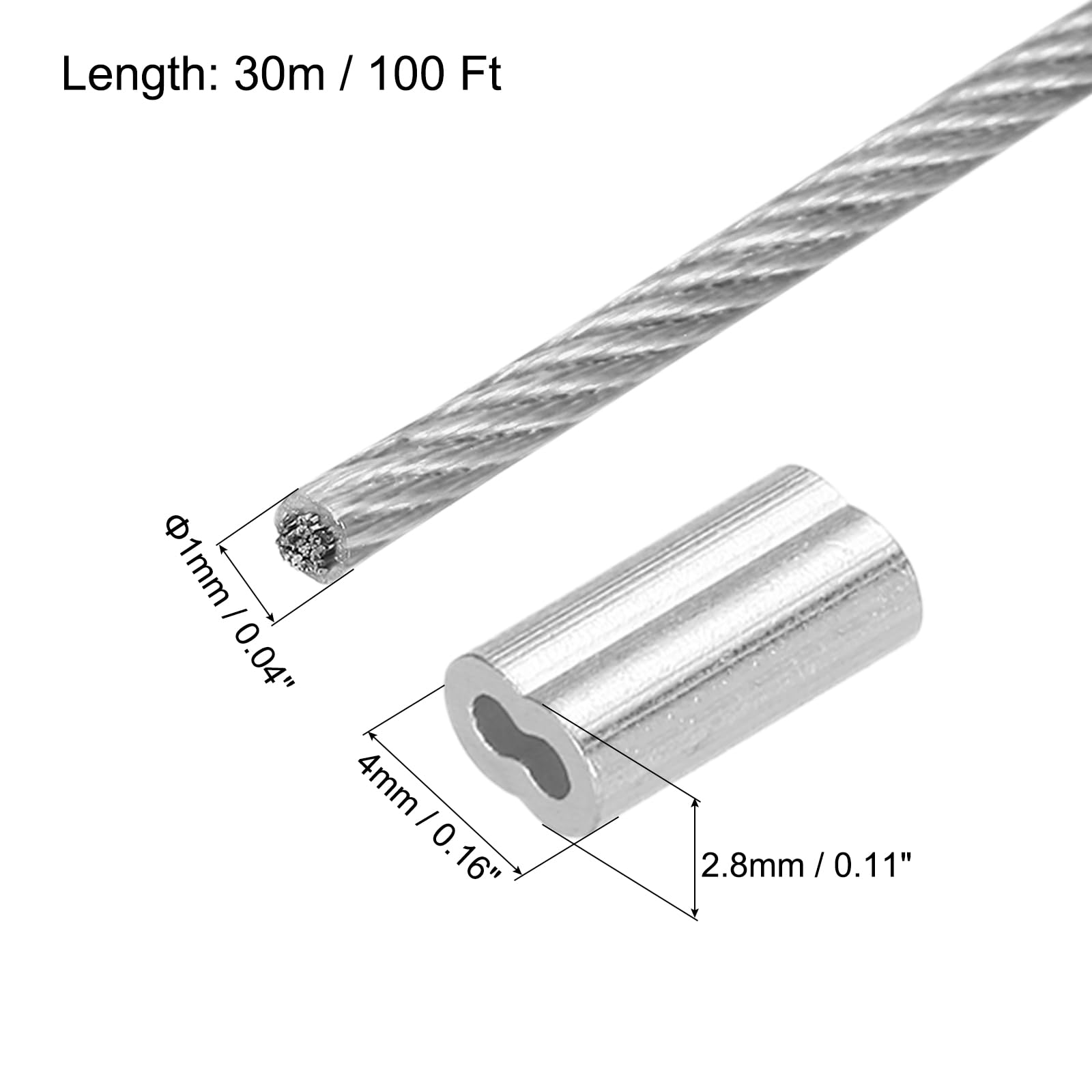 MECCANIXITY 100Ft(30M) Wire Rope 304 Stainless Steel Cable 3/64