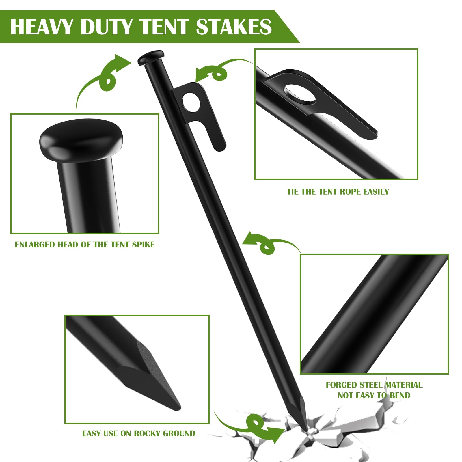 AYAMAYA Lot de 12 piquets de tente, piquets de tente en acier forgé robuste de 25,4 cm, piquets de tente de camping en métal épais, avec sac de rangement pour auvent, bâche, pluie, accessoires de
