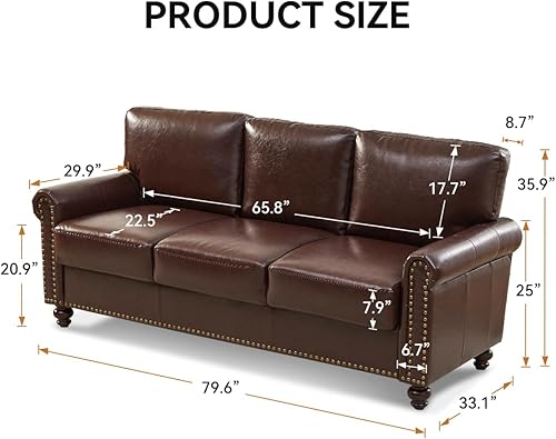 Miniatura 2 de 80" Faux Leather Sofa with Storage, Mid-Century Modern Rolled Arm Couches for Living Room Furniture, Nailhead Trim, Easy Tool-Free Assembly, Dark