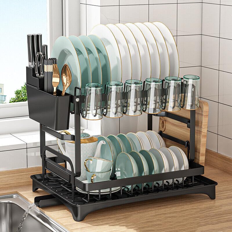 IDOLEE Over Sink Dish Drainer Drying Rack,Adjustable (25.5"-35.5") 3 Tier Large Dish Racks for Kitchen Storage Counter Organizer,Full 304 Stainless Steel Shelf with Utensil Holder, Silver