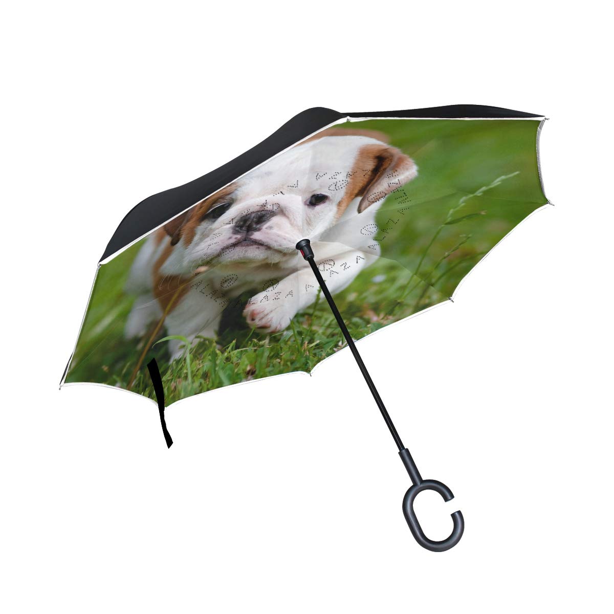 hengpai Dogs Puppy Bulldog Running Green Grass Reverse Inverted Inside Out Umbrella Cars Unigue Windproof UV Proof Double Layer for Women