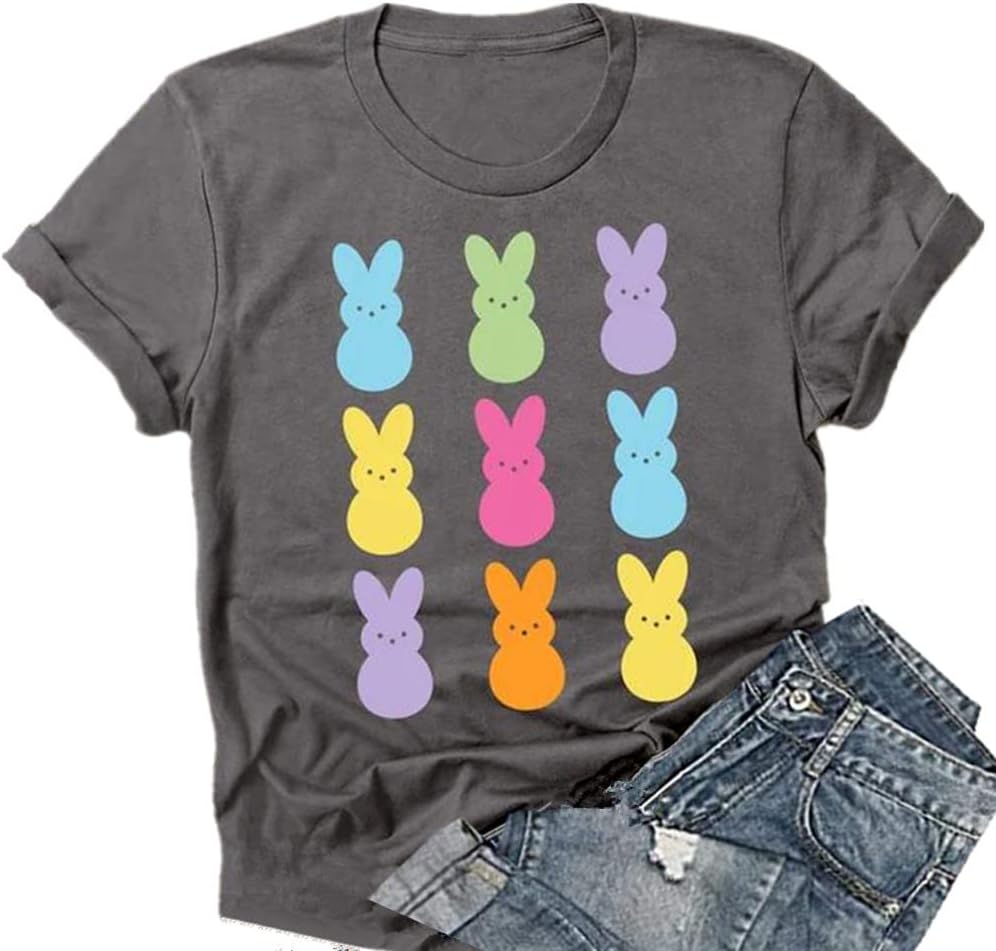 Easter Shirts for Women Happy Bunny Eggs Plaid Leopard Printed T-Shirt Short Sleeve Graphic Tee Tops