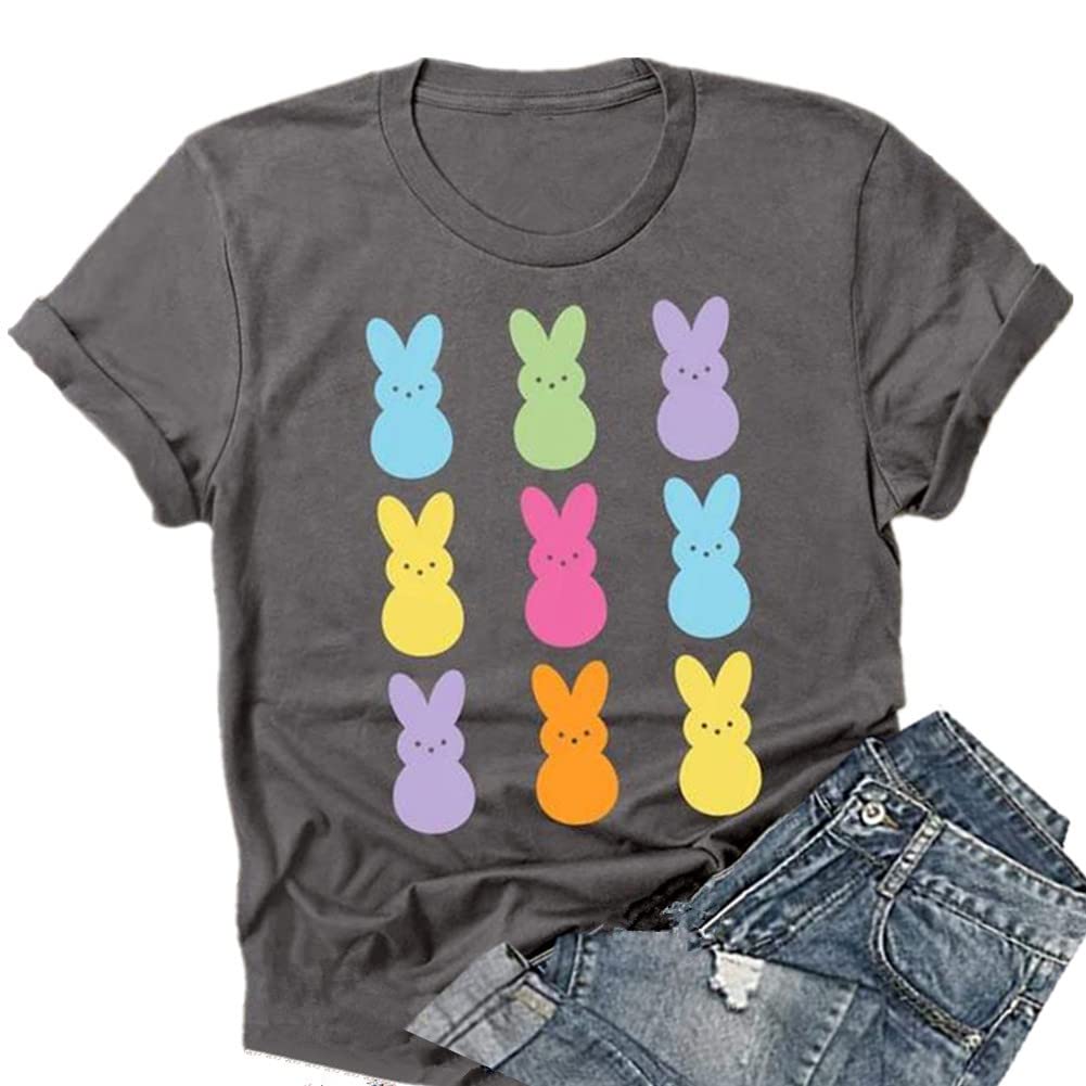 Easter Shirts for Women Happy Bunny Eggs Plaid Leopard Printed T-Shirt Short Sleeve Graphic Tee Tops