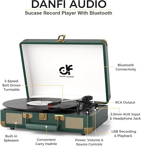 Miniatura 3 de Tocadiscos portátil Bluetooth de 3 velocidades con altavoces mejorados integrados, grabación USB de vinilo a MP3, RCA, AUX y salida de auriculares,