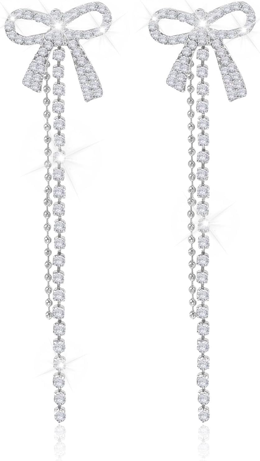 EREVER Silver Bow Earrings for Women Trendy Long Tassels Dangle Earring for Teen Girls Trendy Wedding Party Jewelry Earrings Gifts (B0CVYQV3H1) Amazon Price History, Amazon Price Tracker