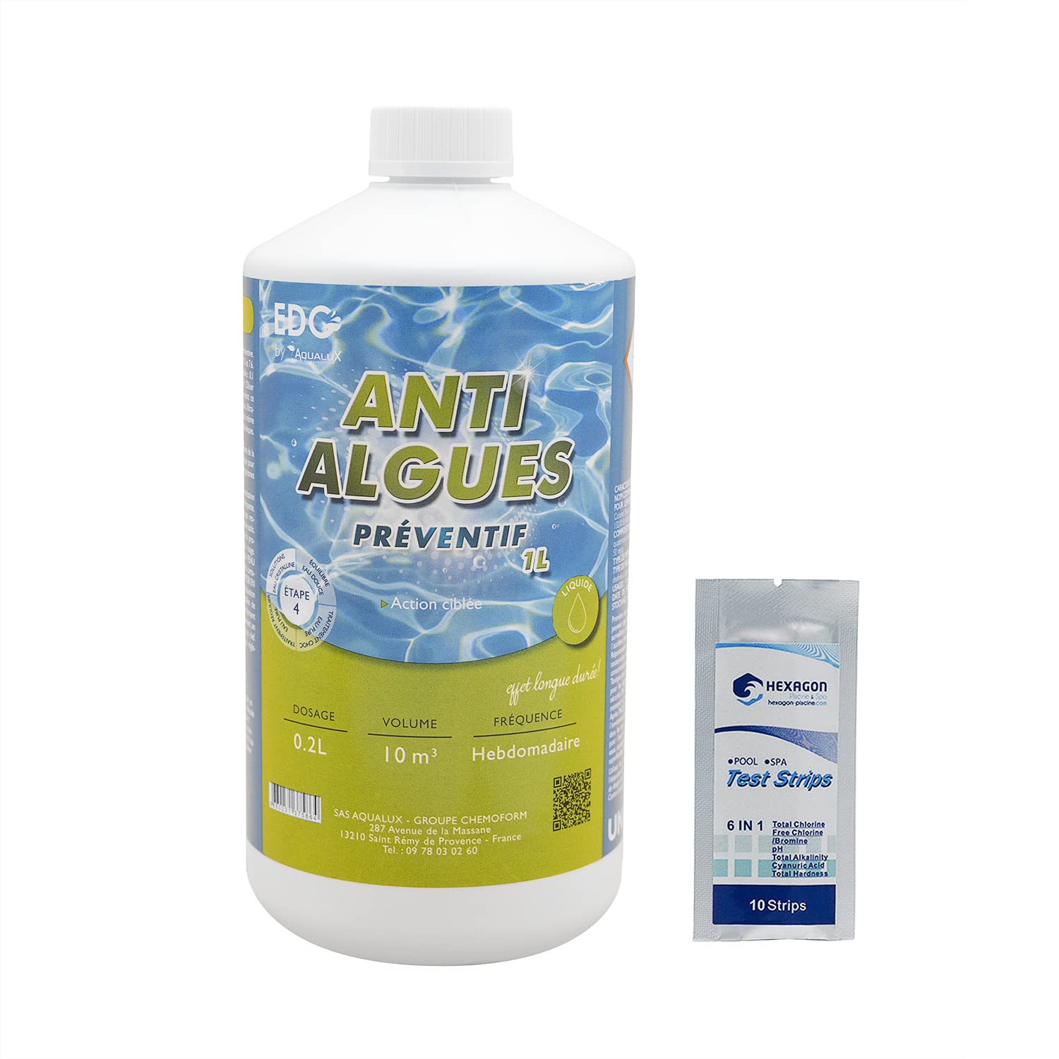 EDG by AQUALUX Anti-ALGUES PRÉVENTIF Liquide - 1L | Anti Algues Préventif + 10 Tests HPS OFFERTS 6 en 1