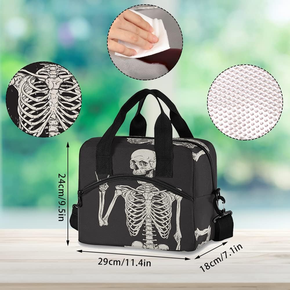 TropicalLife Reusable Lunch Bag for Women Men Goth Skull Pattern Insulated Lunch Box Durable Soft-sided Bag with Adjustable Shoulder Strap, Black