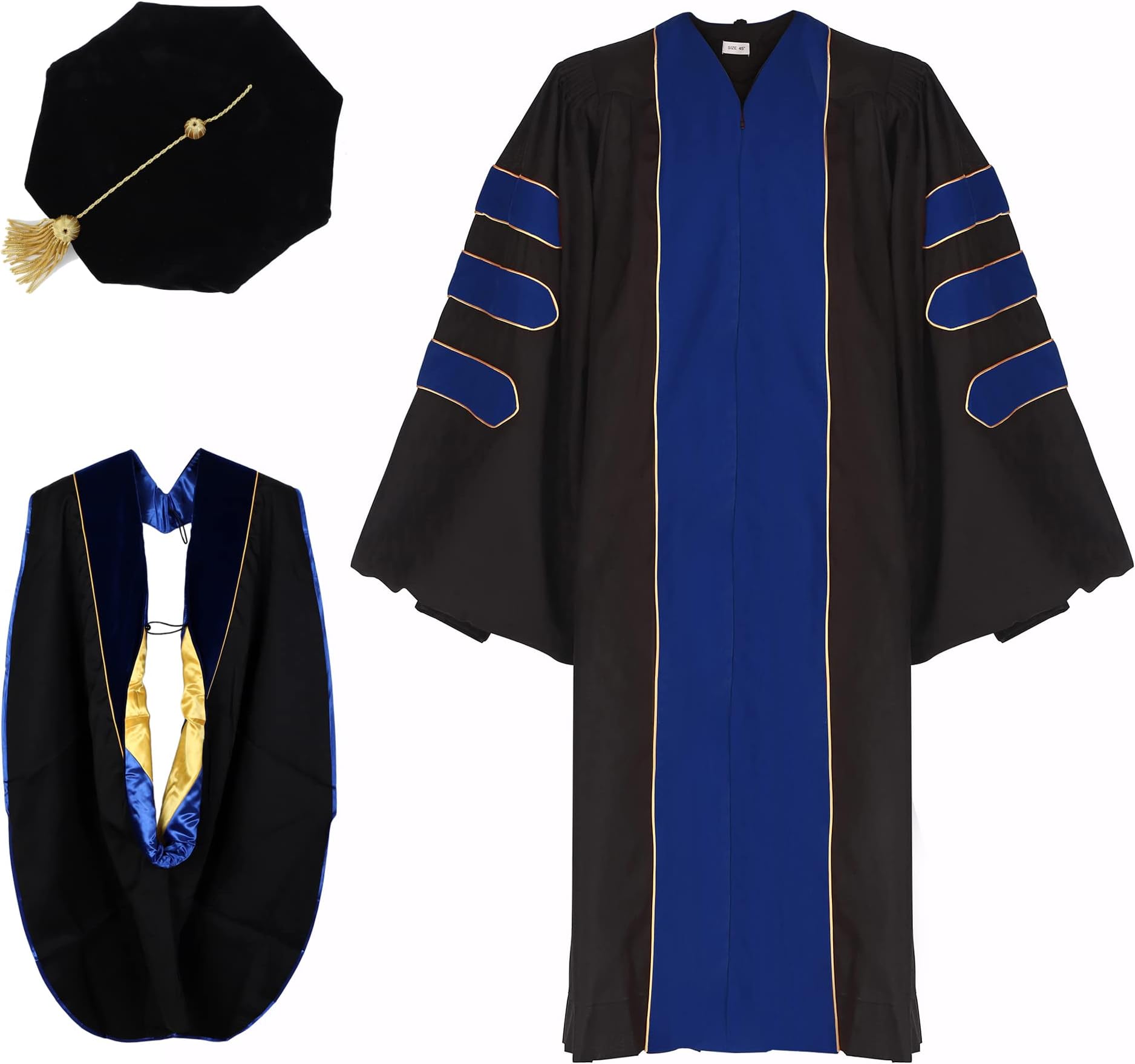 Unisex Deluxe Doctoral Graduation Gown and Doctoral Hood 8 Sided Tam Package