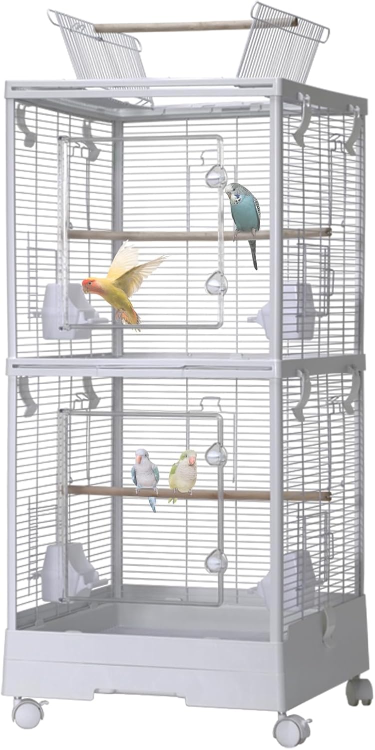 40" 2-in-1 Small Bird Cage with Wheels - Convertible Metal Parrot Cage with Slide-Out Tray, Top Stand, Perches & Bowls, Outdoor Indoor Travel Carrier & Aviary for Lovebirds Cockatiels Budgies, White