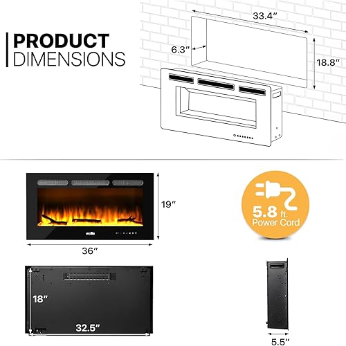 Miniatura 2 de mollie Chimenea eléctrica de 36 pulgadas 1400 W empotrada y montada en la pared, 8 colores de brillo ajustable, llama eléctrica lineal con control