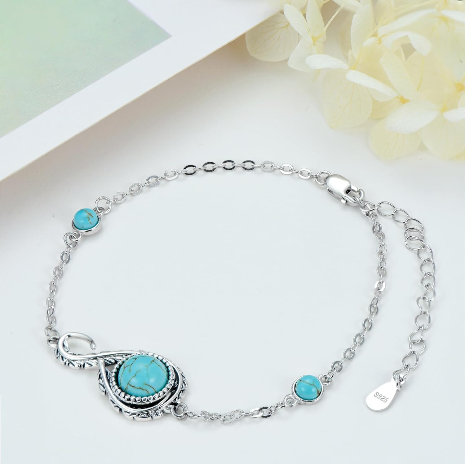 Natural Turquoise Bracelet 925 Sterling Silver Real Turquoise Gemstone Adjustable Link Western Boho Jewelry Gifts for Women - Image 3