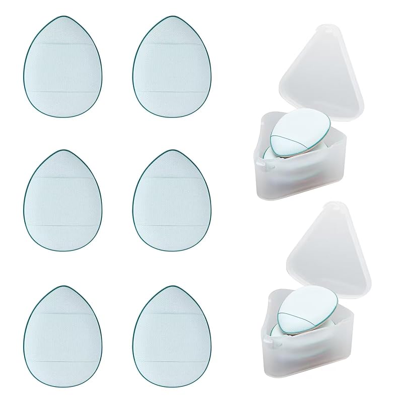 Puff mini para maquiagem em formato de gota LuckyOpt azul, para cosméticos líquidos e em pó, Pacote com 6 e 2 estojos
